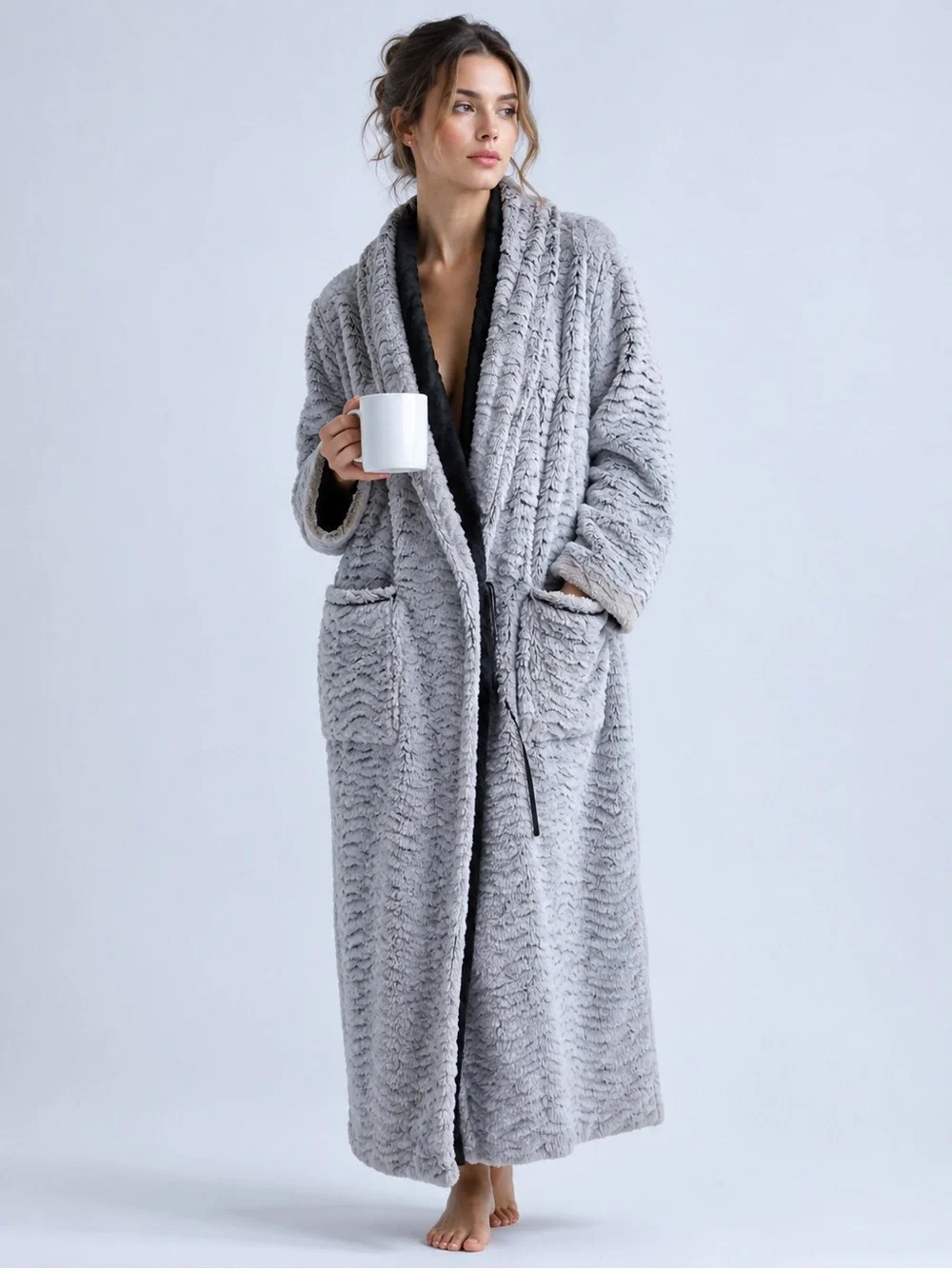 Soma Plush Faux Fur Long Wrap Robe Gray Black S/M Women Soft Cozy Loungewear